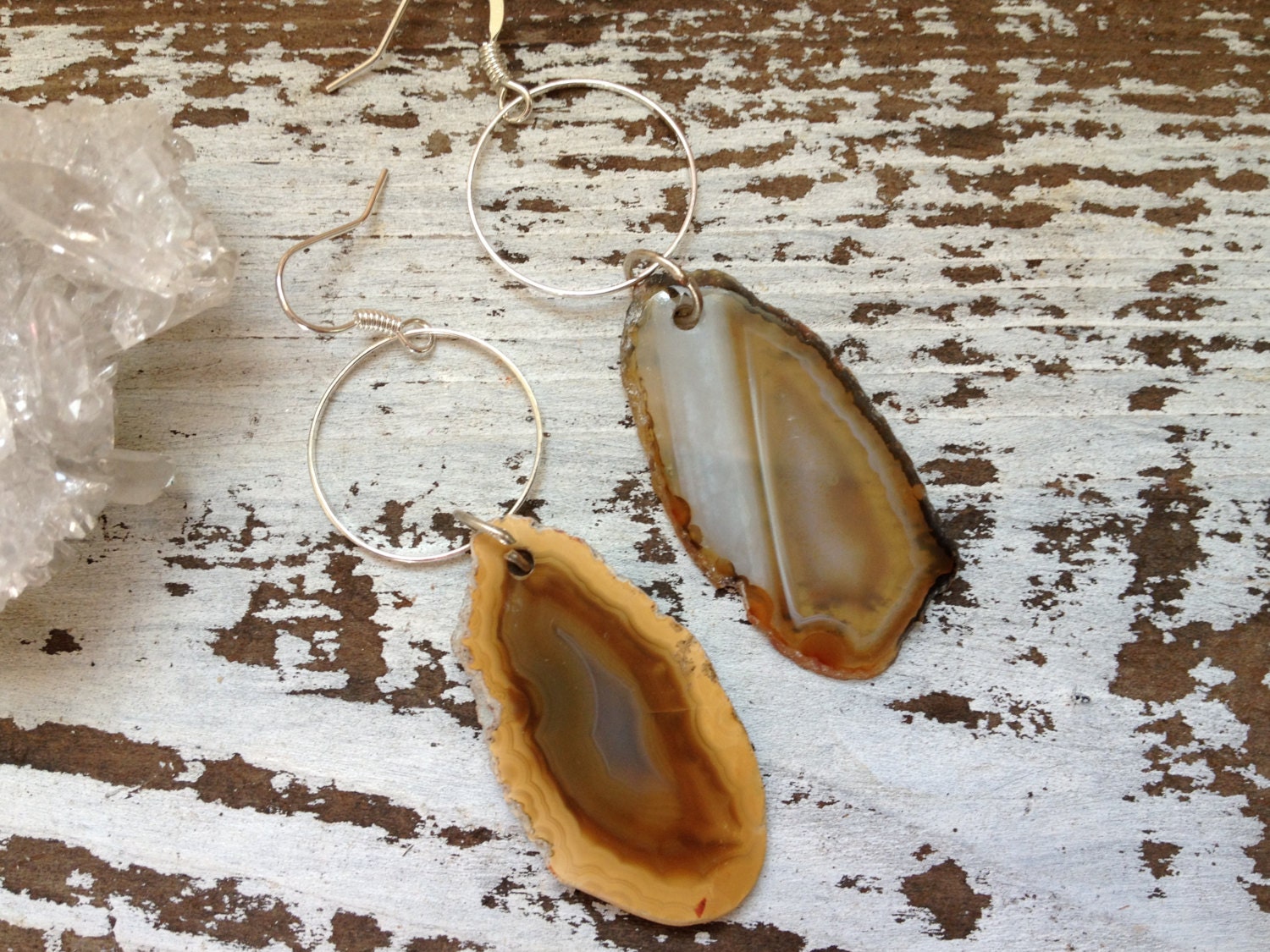 EARTH / Raw Druzy Agate Earrings- Agate Slice, Geode, Crystal, Gemstone, Long, Summer, Native, Boho, Gypsy, Tribal, Fashion, Gift