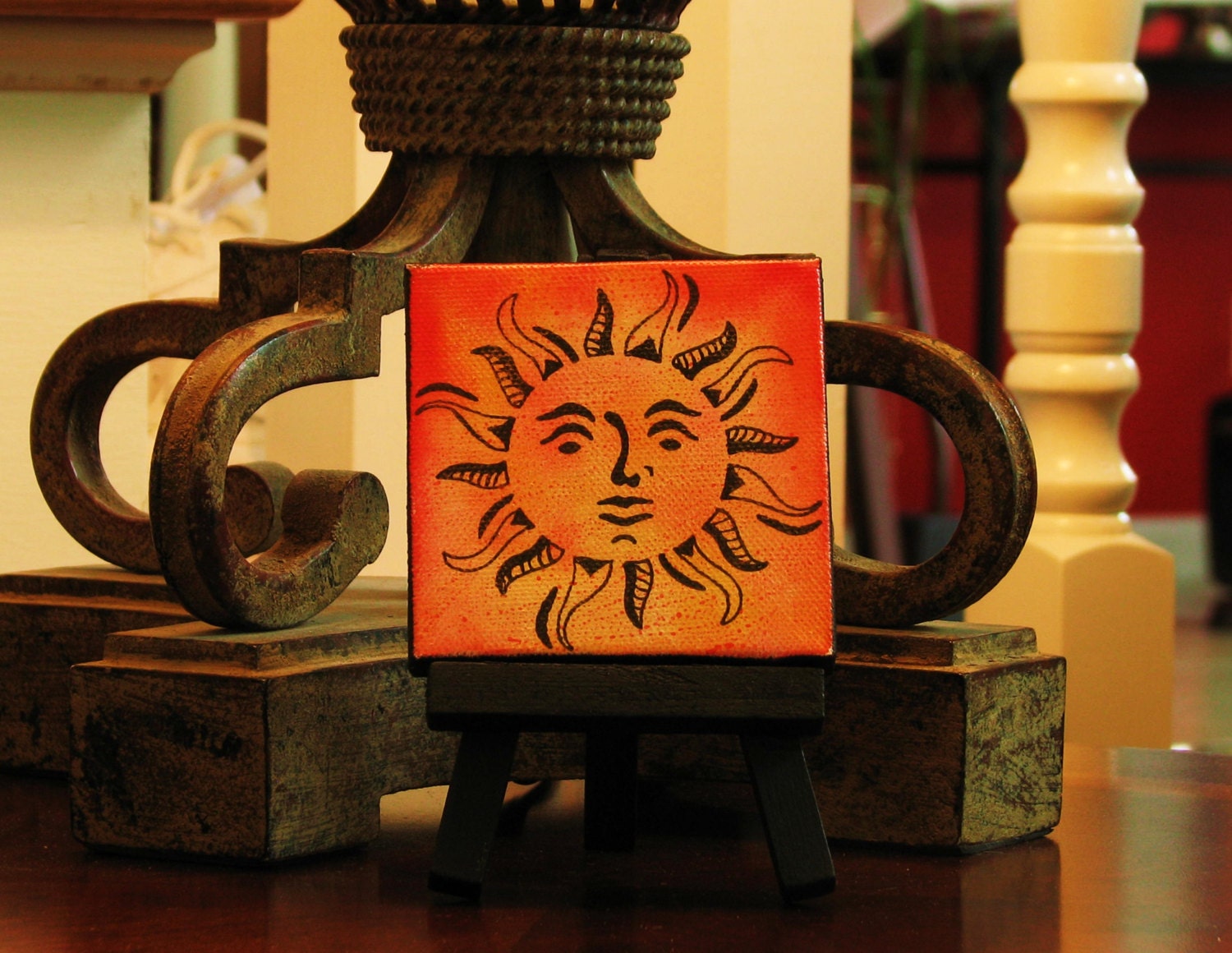 Mini Whimsical Celestial Sun with Easel. Original Handpainted Mixed Media Painting.