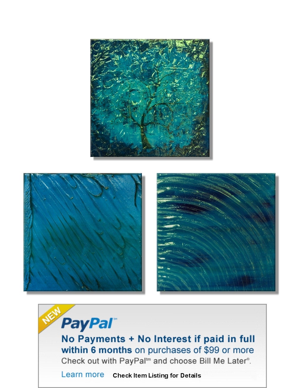 3 Aqua Blue Abstracts. Original Handpainted Acrylic Thick 3d Texture Impasto Palette Knife Painting. Size 8 x 8 each.