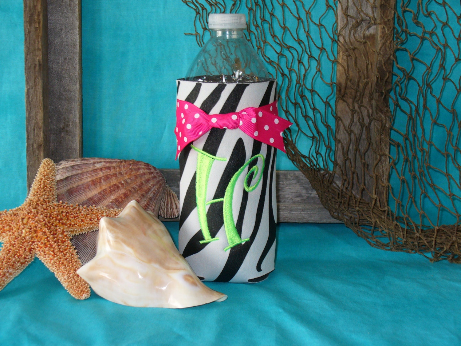 Bottle Koozie with Initial - "Zebra - Green Init"