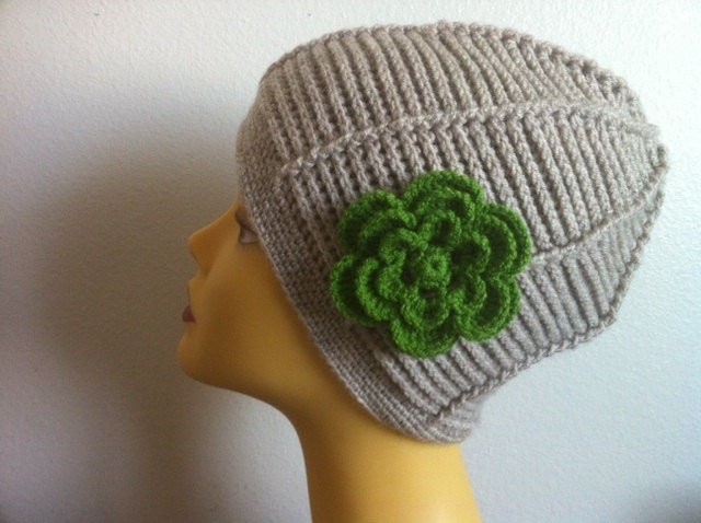 Crocheted Women grey Beanie Hat With Green Flower, Valentine Gift For Her, USA seller