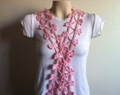 Crochet Flower Pink Scarf, Skinny Lariat Necklace, Crochet Soft Bright Rose Pink Flower Lariat, Usa Seller,