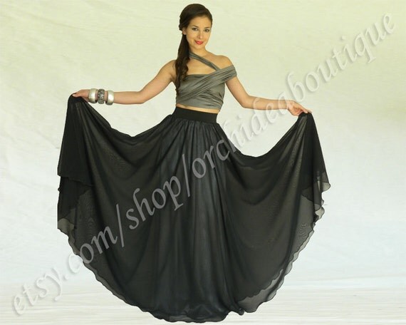 Maxi skirt black chiffon with silver satin lining