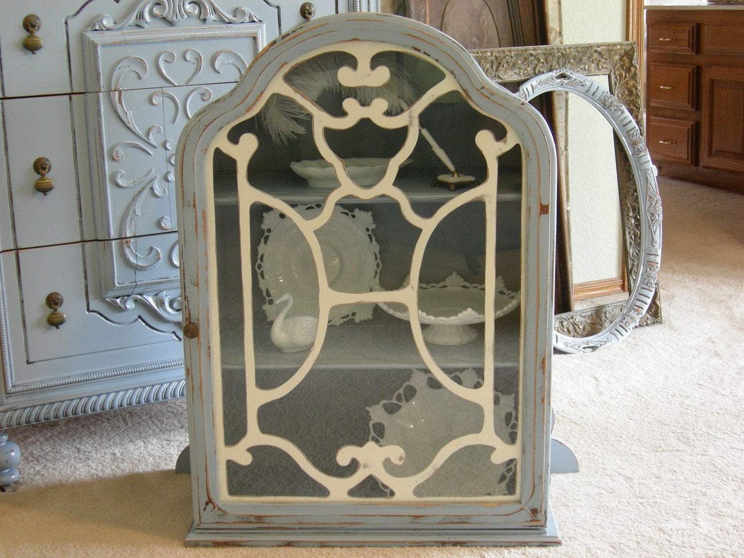 Wall Hanging CHINA CABINET Shabby Chic Bonnet Top Antique French Blue and White