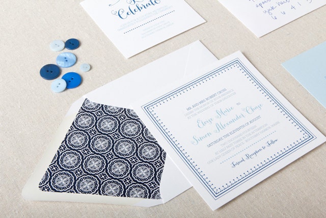Charlotte Wedding Invitation in Blue - SAMPLE - Square, Preppy, Nautical Wedding Invitation - Letterpress or Flat Print