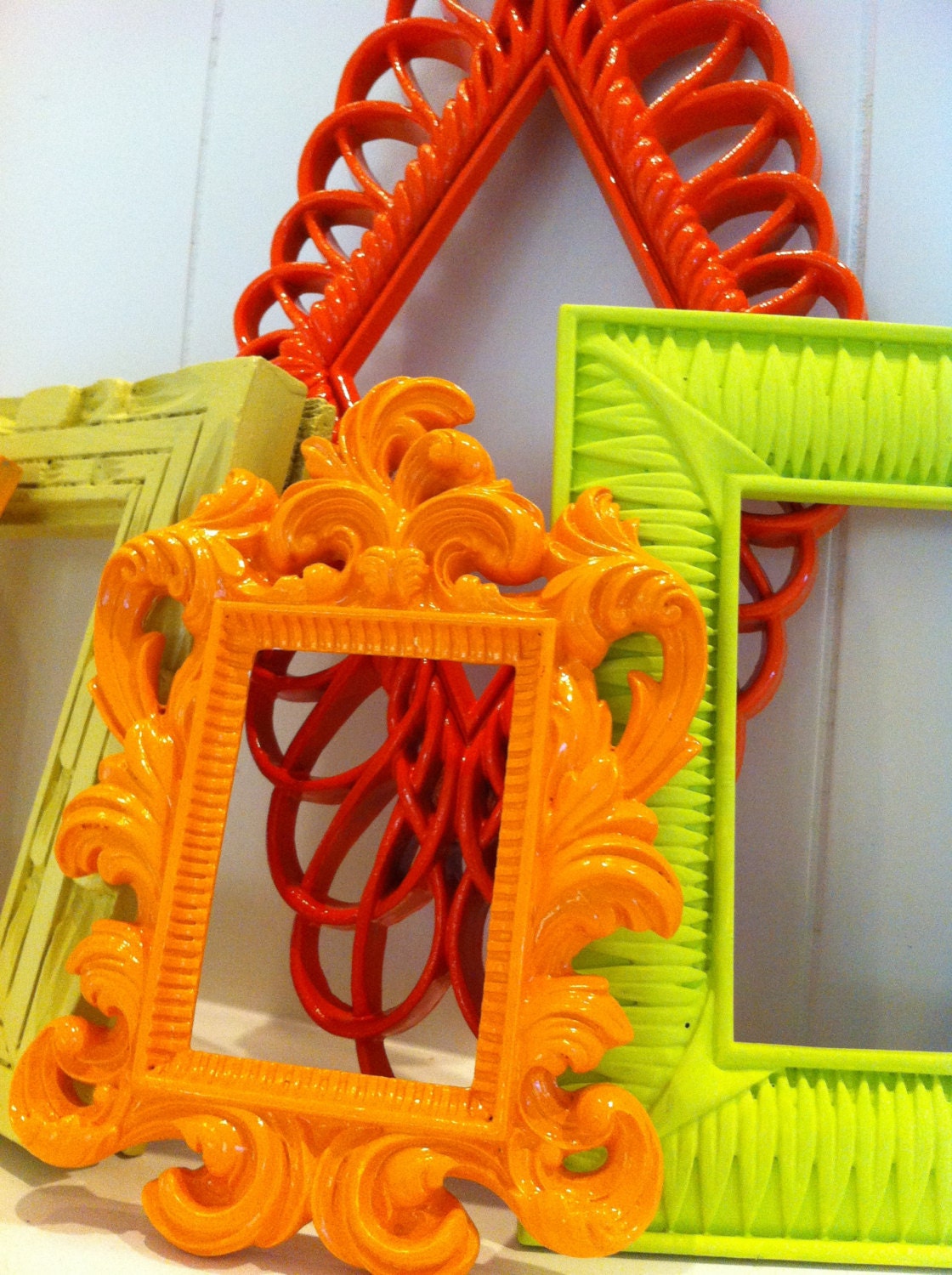 Empty Frame Collection Set, Bright and Chic, Upcycled Home Decor, Funky Vintage, Lime, Orange