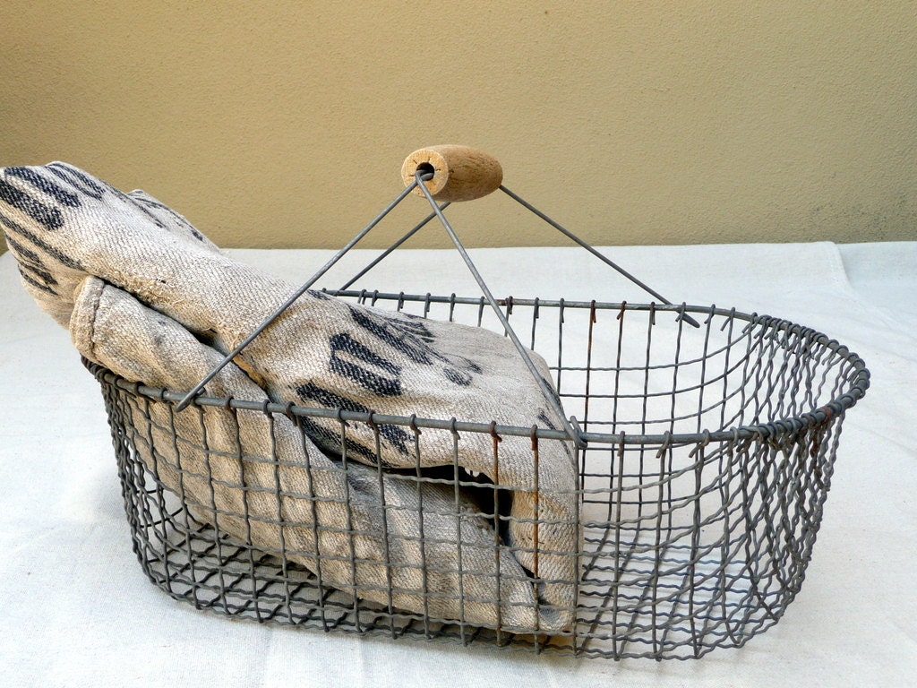Wire Basket French Vintage French Cottage Chic Wood Handle