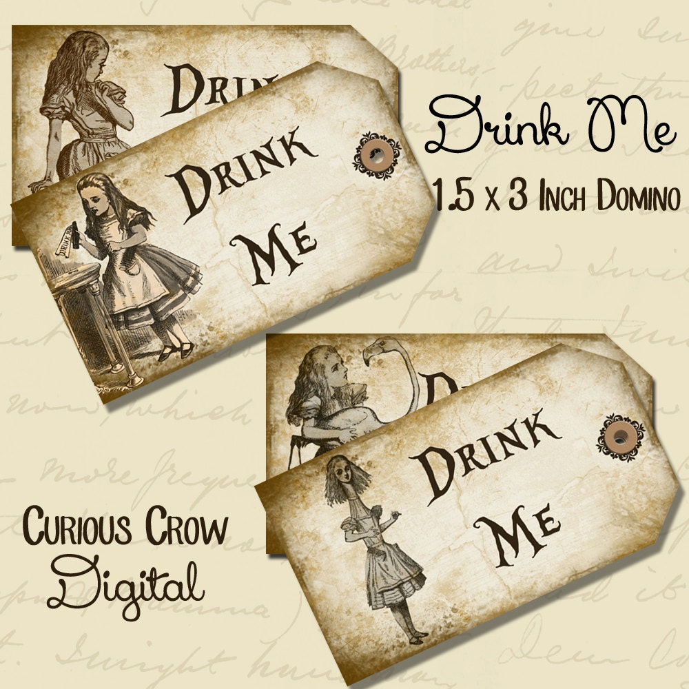Drink Me Alice in Wonderland Grungy Hang Tags Digital Collage Sheet - 1.7 x 3 Inches - Printable Download for Wedding or Party Favors