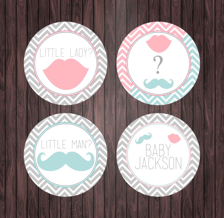 Chevron Gender Reveal Party - Mustache and Lips -  Printable Gifts tags, Cupcake Toppers, Favor Tag - DIY