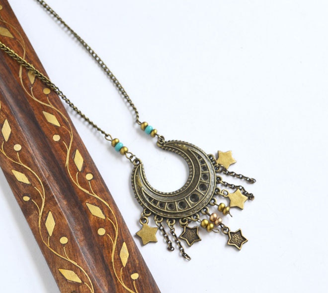 Moon and Stars Necklace, Gypsy Dangle Stars Moon Necklace, Turquoise Seed Beads, Bohemian Moon and Stars