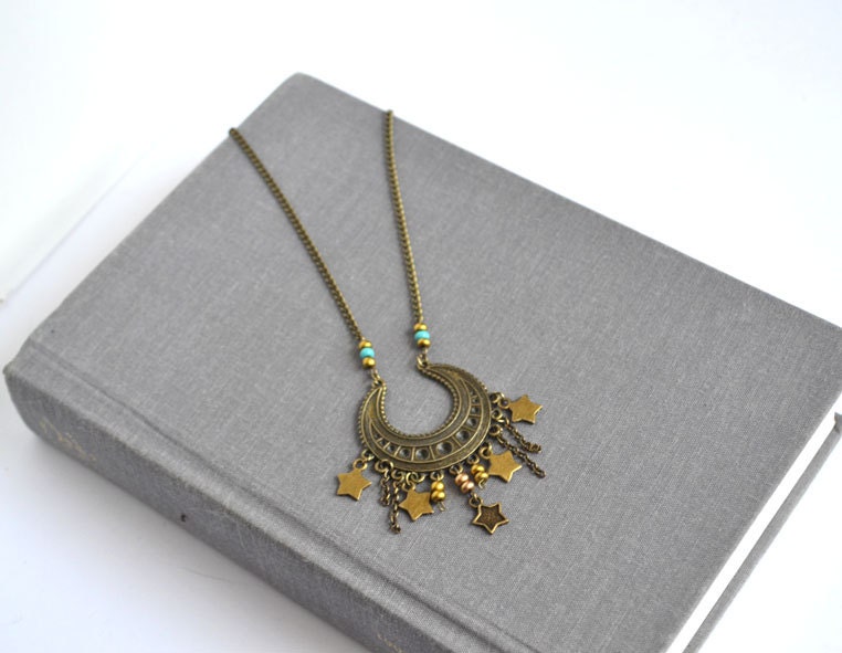 Moon and Stars Necklace, Gypsy Dangle Stars Moon Necklace, Turquoise Seed Beads, Bohemian Moon and Stars