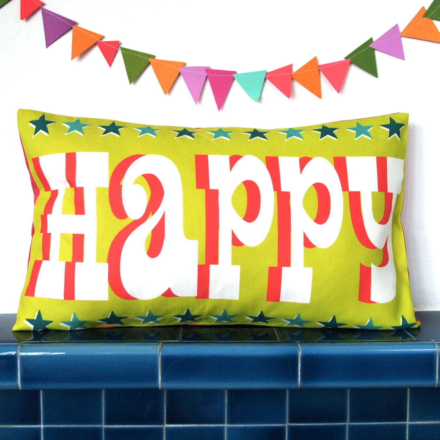 Happy Cushion Pillow - Retro vintage circus typography fun quirky funky