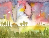 Original watercolor Colorful sky Home decor Whimsical weather on green hills