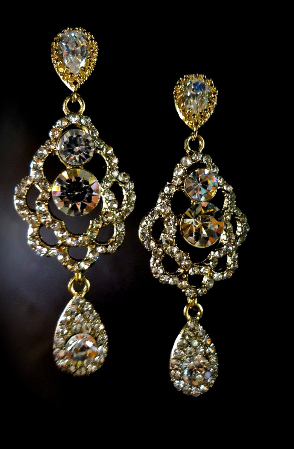 Gold Chandelier earrings - Bridal jewelry - Long - Rhinestone earrings - Prom - Pageant jewelry - Sparkling beauties -