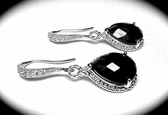 Black and Silver earrings - Sterling Silver - Teardrops - Bridal Jewelry - Bridesmaids - Classic - Gift