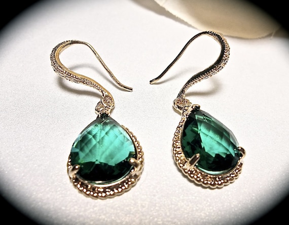 Emerald earrings - Czech glass -14k Gold over Sterling Cubic Zirconia encrusted earwires - Beautiful high Quality jewelry -
