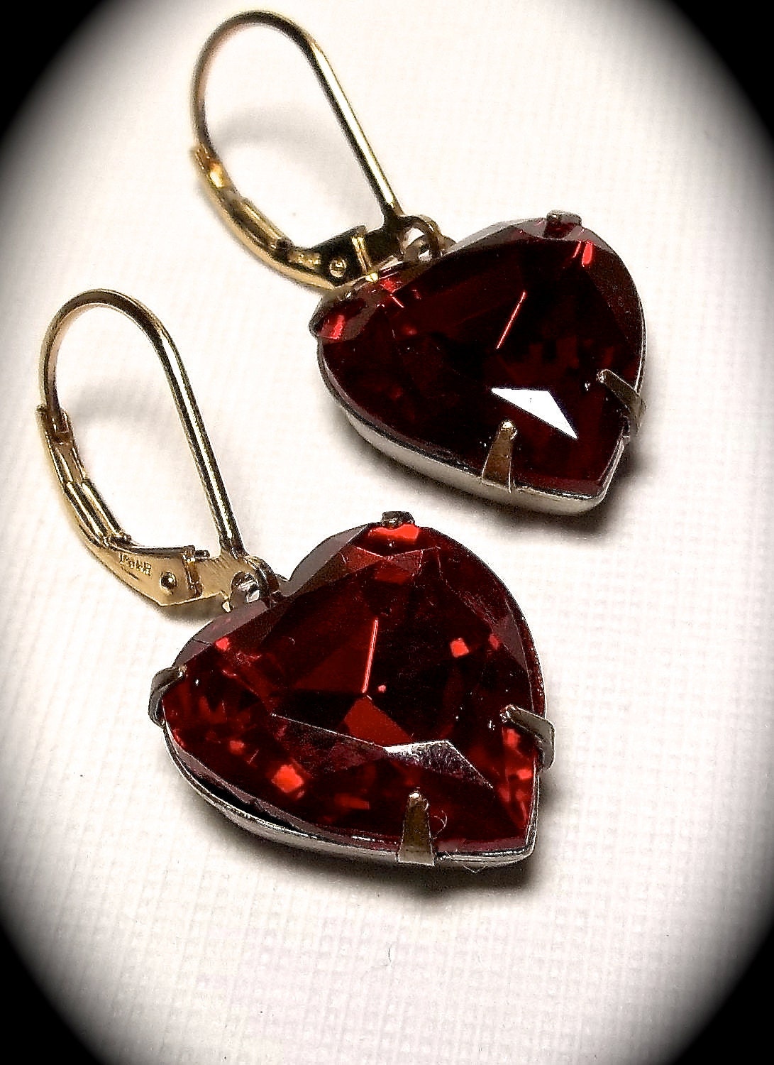 Heart Earrings - Garnet - Red - Vintage - Rhinestones - Gold filled leverback earwires - gift - Love - Romantic Jewelry -