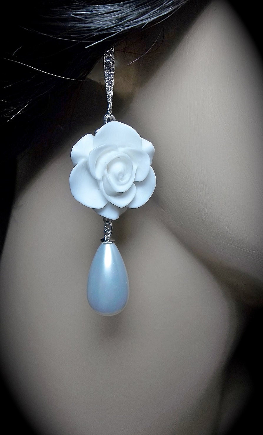 Bridal earrings - Long - White Rose - Cabochon -Sterling silver - Pearl drops - Statement earrings - BEAUTIFUL-