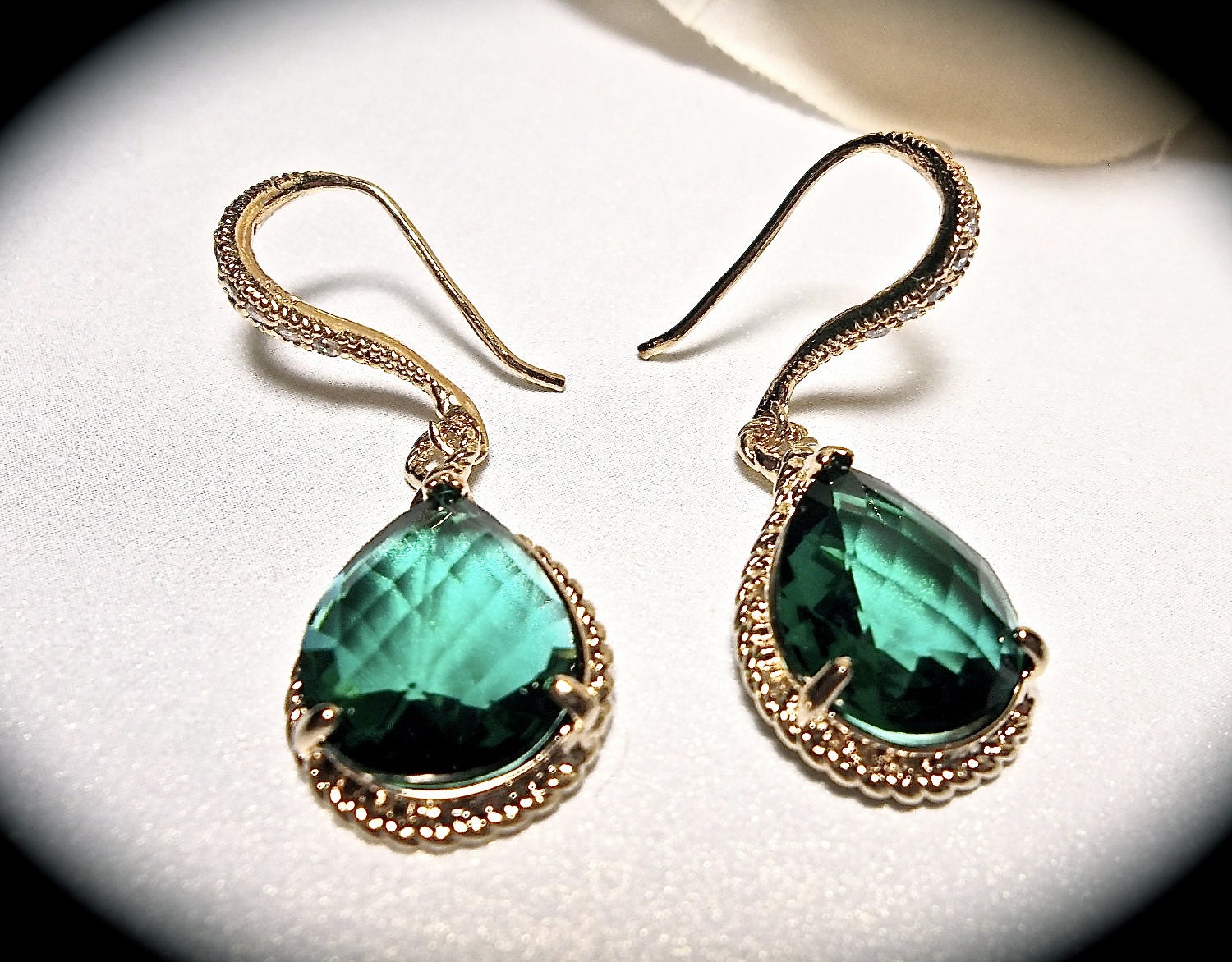 Emerald earrings - Czech glass -14k Gold over Sterling Cubic Zirconia encrusted earwires - Beautiful high Quality jewelry -