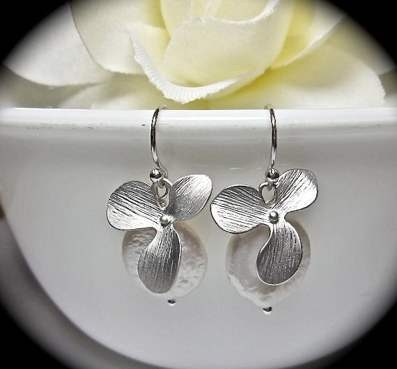 Pearl earrings - Orchids - Freshwater - Coin Pearl - Sterling Silver- Bridal Jewelry - bridesmaids- Gift - CLASSIC -