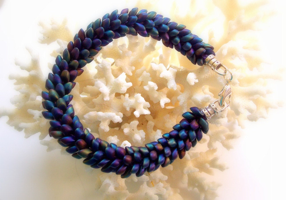 Dark Varigated Magatama Bead Kumihimo Bracelet Pine Cone Design