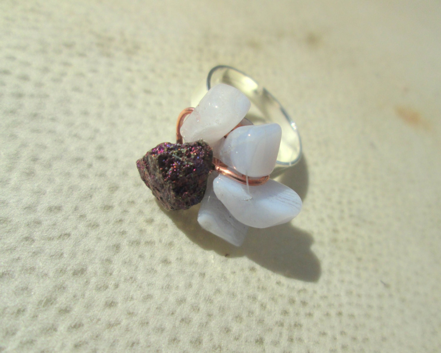 Peacock Ore and Lavender Chalcedony Adjustable Statement Ring - Semi Precious Gemstones / Chalcopyrite / Bornite / Silver Plated