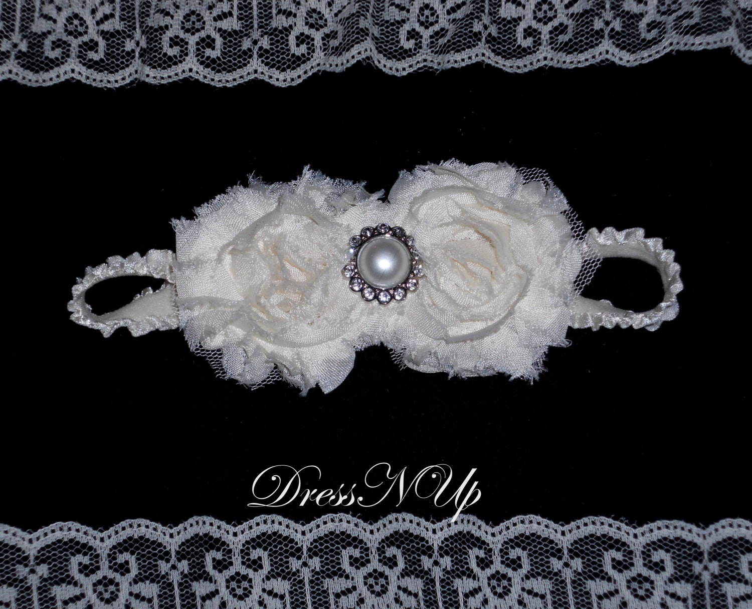 Baby Headband,  Ivory Shabby Chic Flowers on Curly Ivory Elastic, toddler headband, Infant headband with rhinestone button