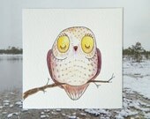 Mini original watercolor painting: cute owl 1 - 3.9" x 3.9" - FREE SHIPPING