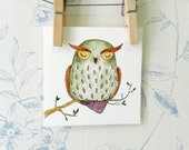 Mini original watercolor painting: cute owl 7 - 3.9" x 3.9" - FREE SHIPPING