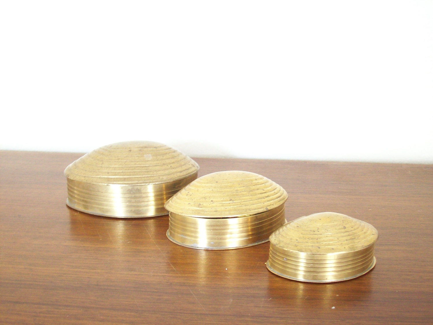 Trio of Brass Clam Shell Boxes, Nesting Boxes, Trinket Boxes