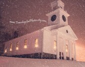 Travel photography pink purple white dreamy fairytale New England winter church snow night lights 11x14 fine art photo