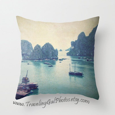 NEW Pillow Cover travel photography Halong Bay Vietnam blue grey sky sea ocean turquoise green boats home decor gift pillow case 20"x20"