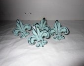 Shabby Chic Sea Foam Green Colored Fleur De Lis Cast Iron Knobs Set of 4 FREE SHIPPING