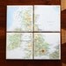 Vintage Map Coasters, Ceramic Tile, Set of 4