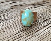 Imitando Ring - Brass & Large Blue Glass turquoise Stone, Vintage Stone with brushed Adjustable Ring Band