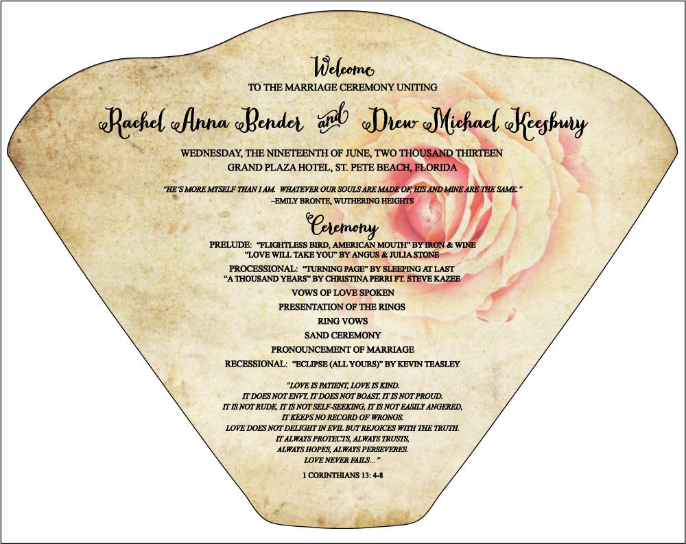 KELLY - Set of 70 UPGRADED Vintage Rose Design Wedding Program Fans