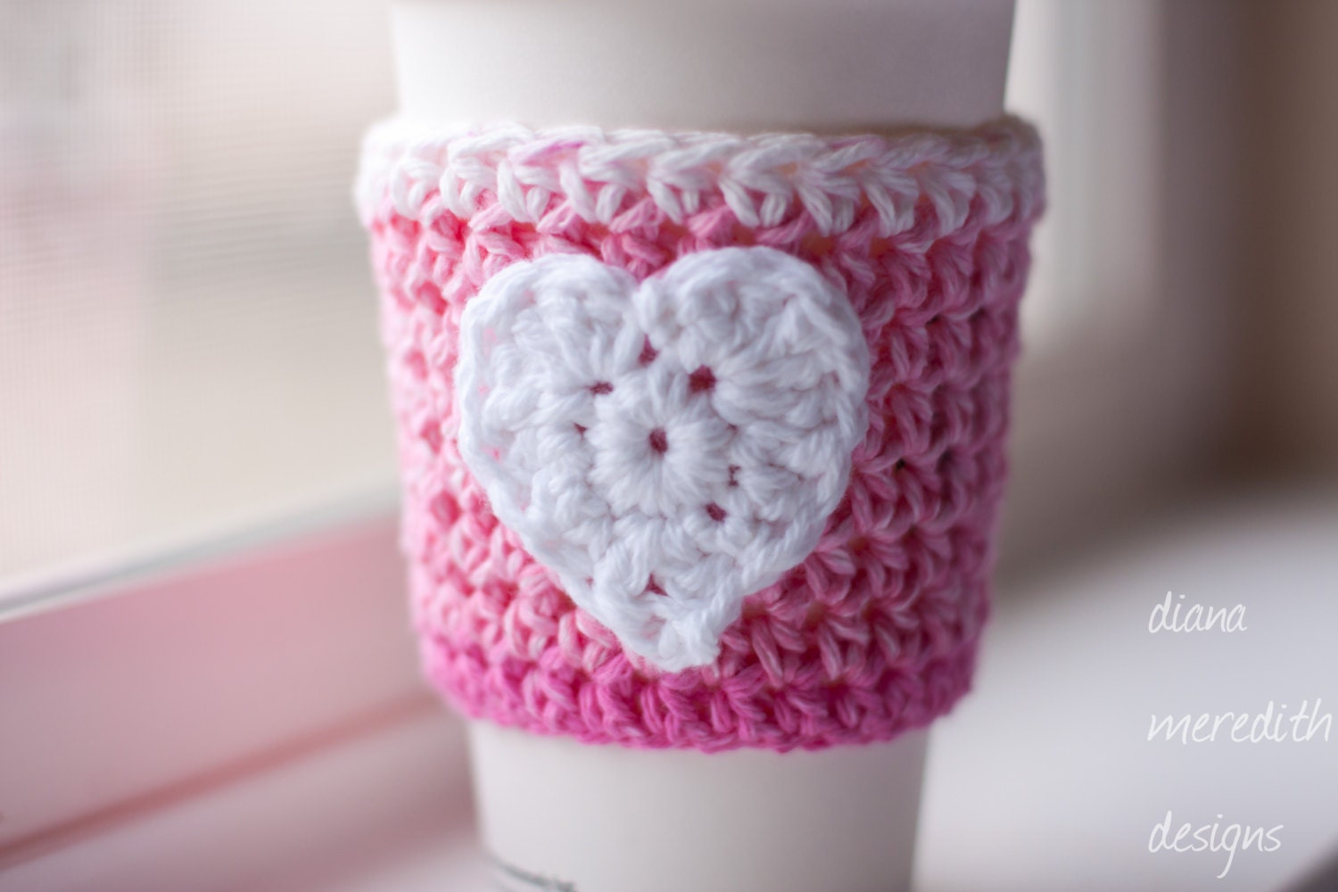 Crochet Coffee Cozy - Pink and White Stripes with White Heart