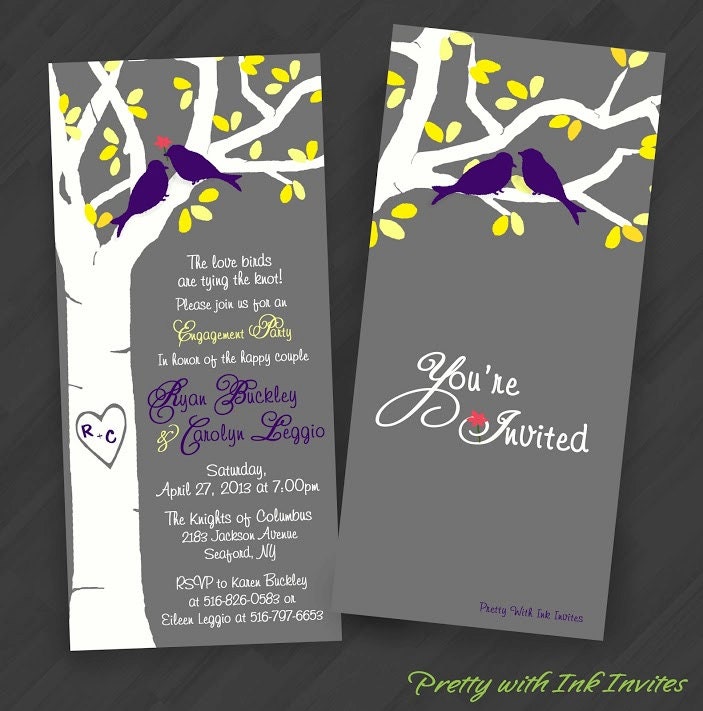 This Bud's for You White Tree with Birdie Invitations for Birthday/Shower/Engagement/Your Special Event (Shown in Grey, Purple and Yellow)