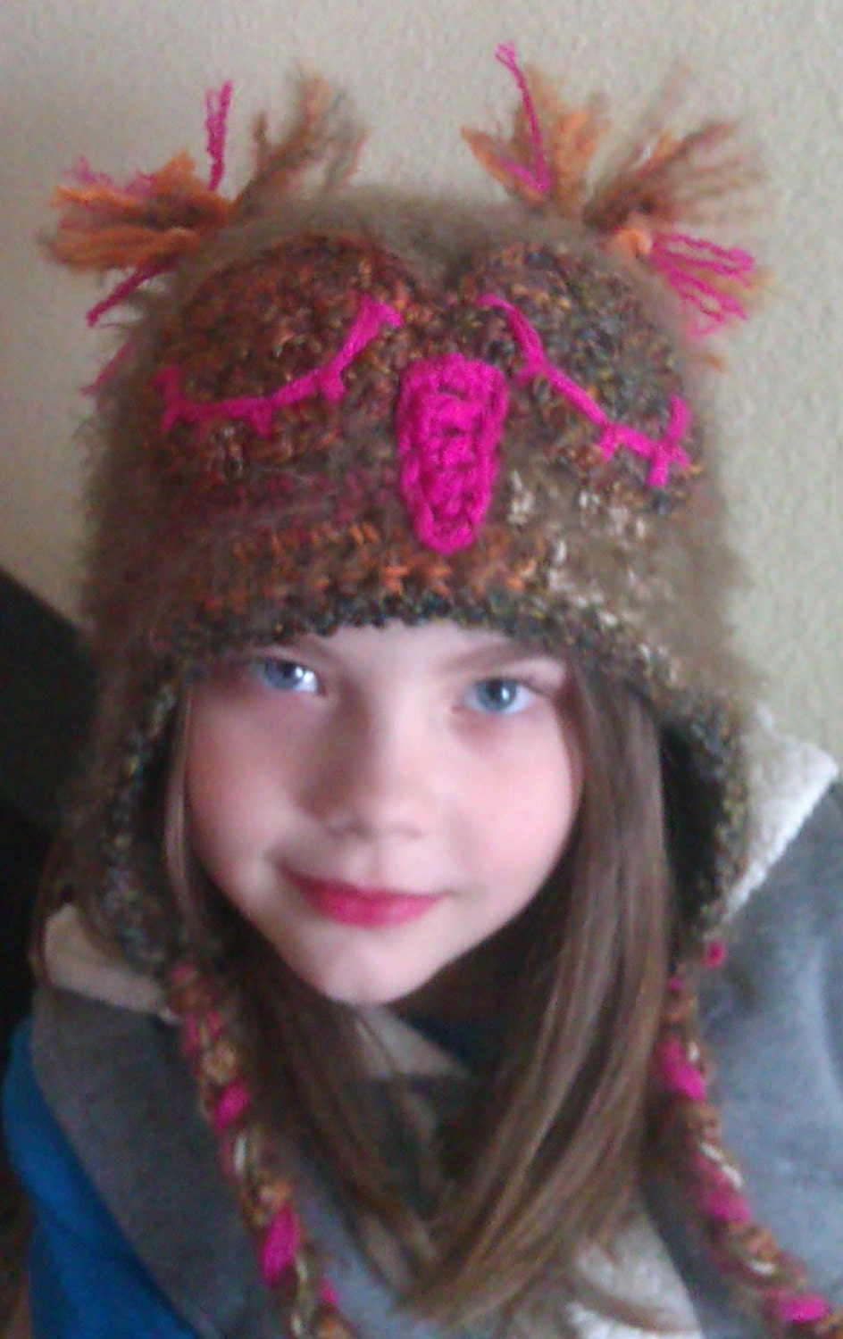 Super Cute & Soft Crochet Sleepy Owl Earflap Style Hat-Braided Tails - Green-Orange-Pink-Brown Stripes-Available in Kid size Photo Prop