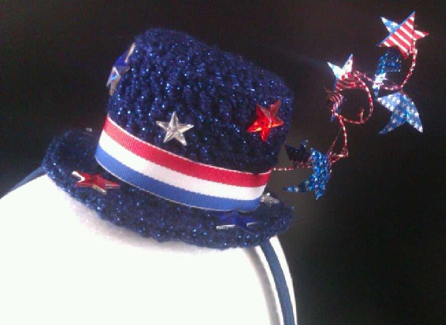 Crochet Patriotic Fouth of July Mini Top Hat Headband-Stars-Red, White & Blue Ribbon Star Garland-Photo Prop-Halloween Costume Accessory