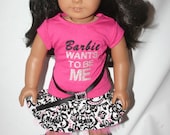 Barbie wants to be me outfit for your 18 inch american girl or similar doll skirt, t-shirt, belt, hairbow