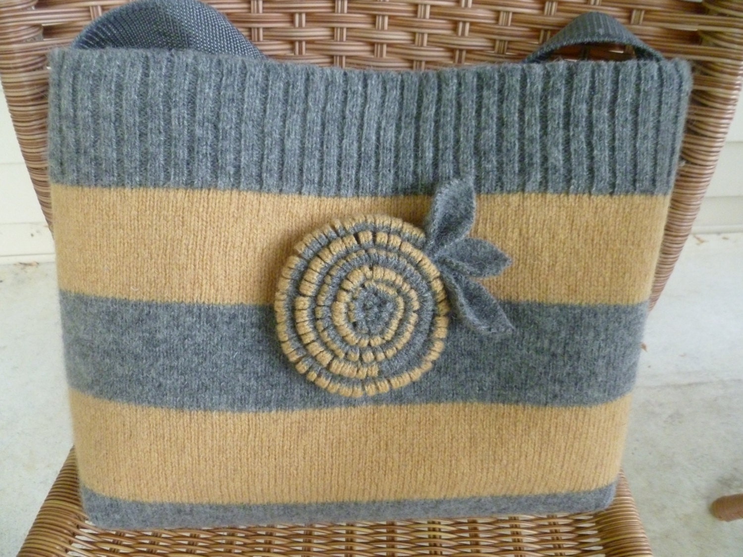 tote bag or purse grey yellow gold made from recycled felted wool sweater OOAK
