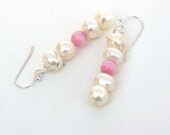 Freshwater pearl earrings, pink cat's eye earrings, wire wrapped earrings