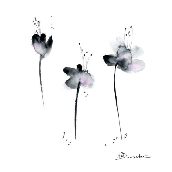 Black Pink Flowers Watercolor Painting Original Abstract Art 10x10 gift for her mothers day zen