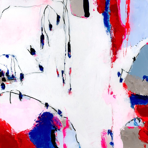 Red Blue White Original Abstract Painting 12x12 acrylic contemporary art on canvas board pink geometric gift for her