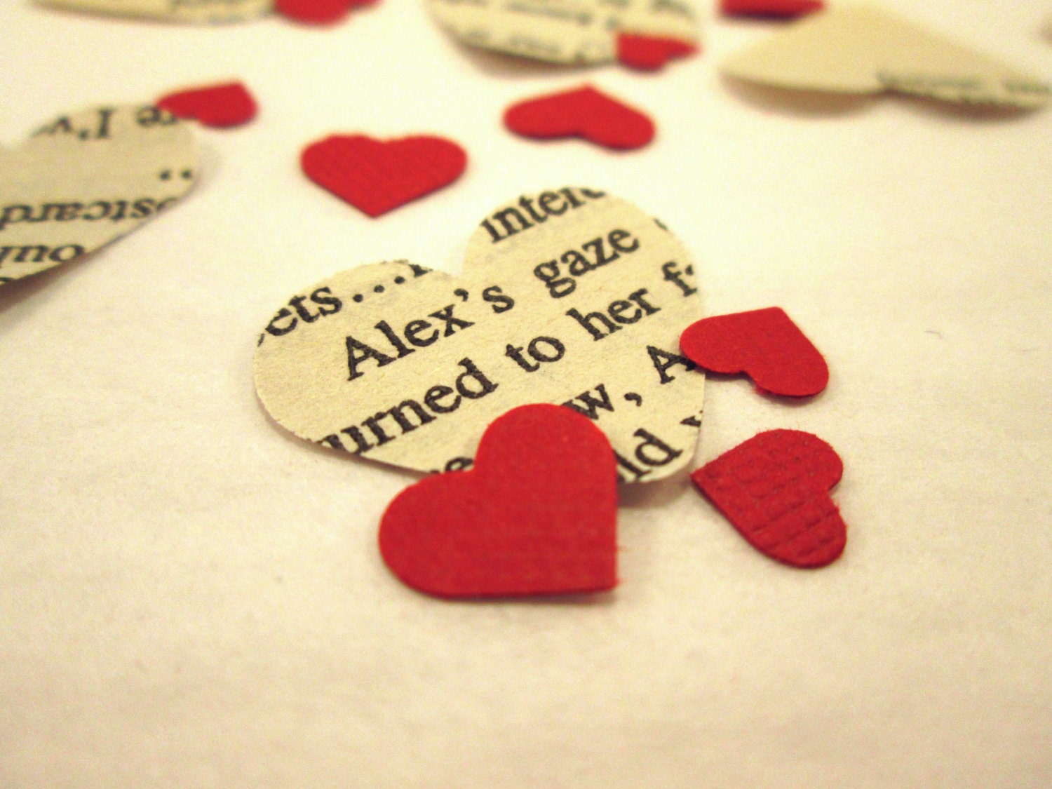 Book Page Heart Confetti  & Red Mini Paper Hearts for Vintage Wedding