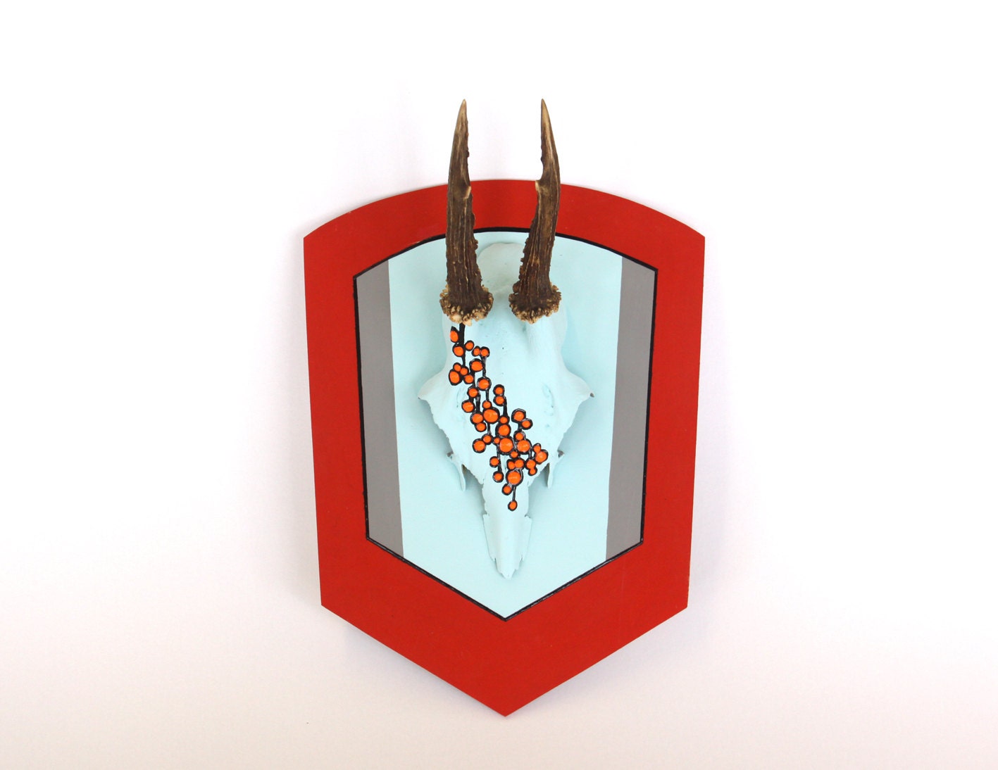 NEON RED & DUCKEGG blue, coral, black, geometric circle painted mount deer skull and antlers horns - taxidermy animal art gift for him