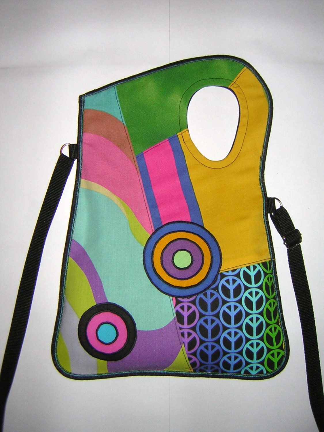 2in1 Sling Bag MEDIUM CANVAS BAG cross body bag -tote wallet purse- hip bag mixed fabrics in Blue-Rainbow with circle