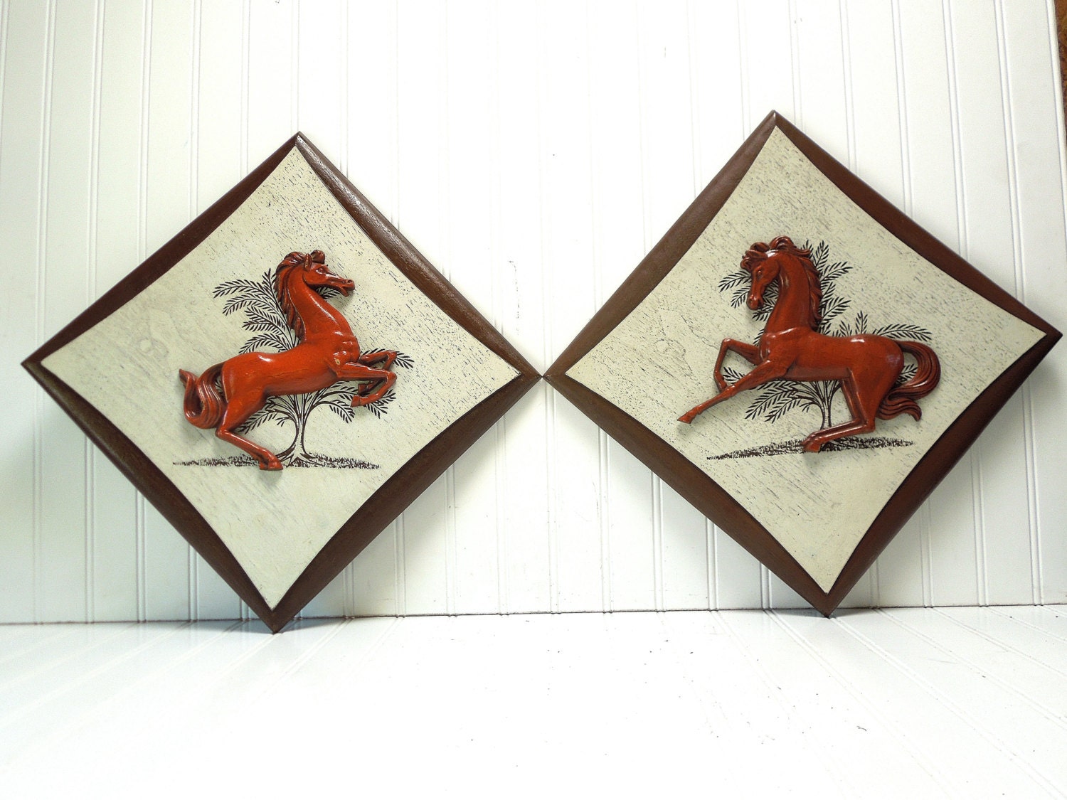 SALE Vintage Mid Century Horse Teak Art Framed Orange Horses Mid Century Art