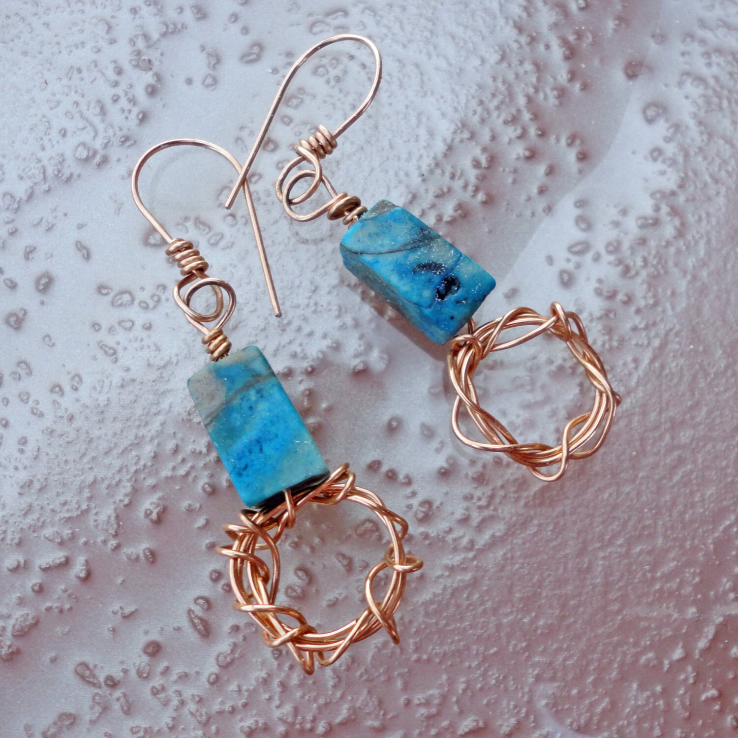 Bronze Earrings Turquoise Stone Earrings Wire Wrapped Circles